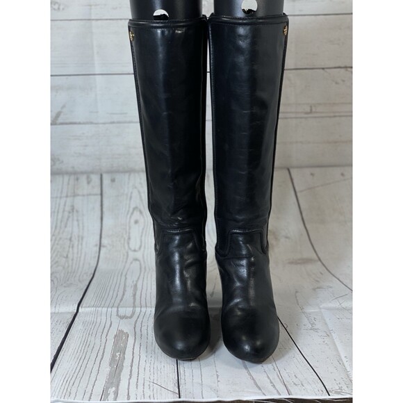 Tory Burch Black Leather Tall Wedge Riding Boot Size 7 - Picture 2 of 8